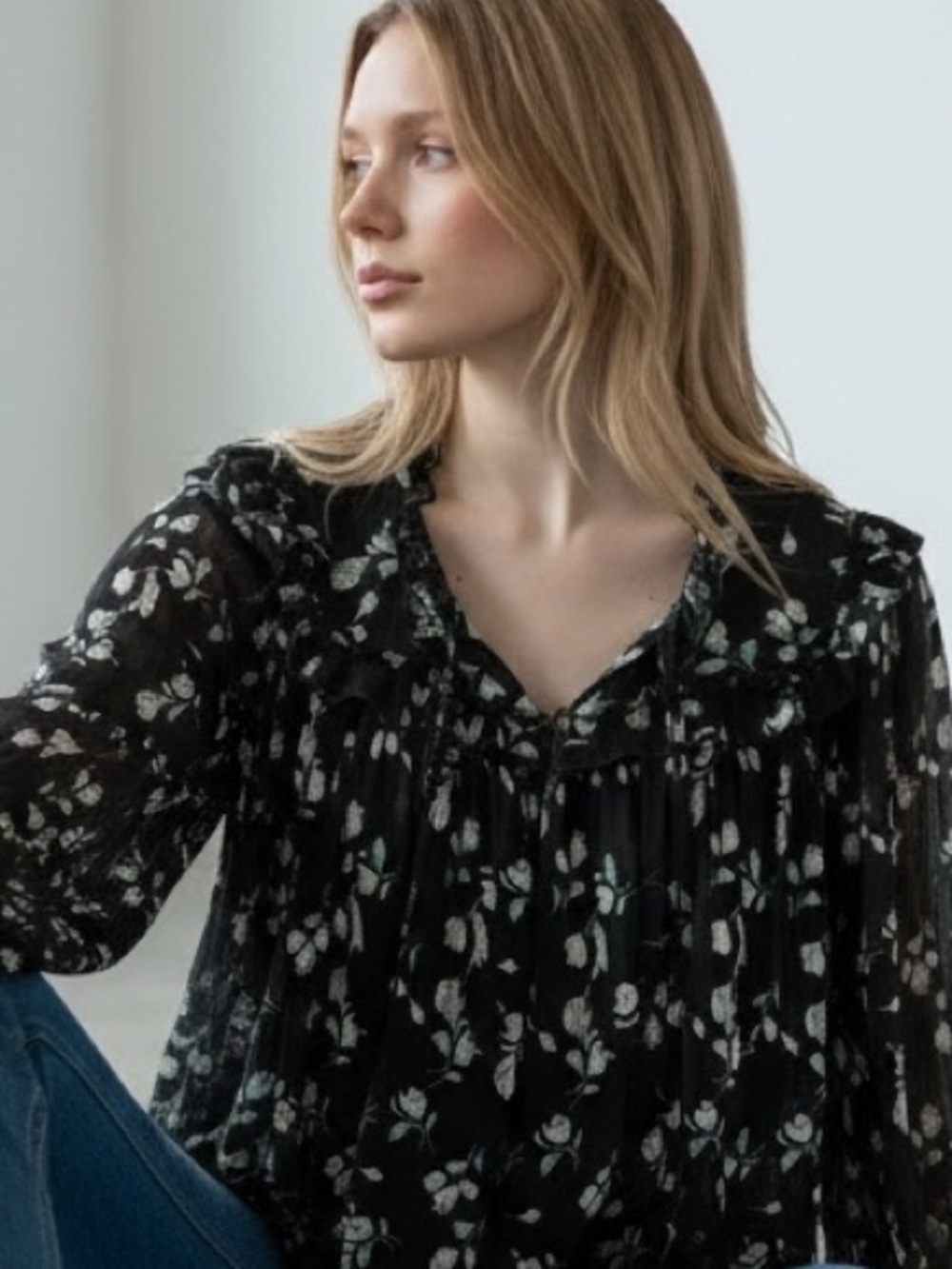 Hayden Black Floral Ruffled Peasant Top Size Medium - Picture 3 of 12